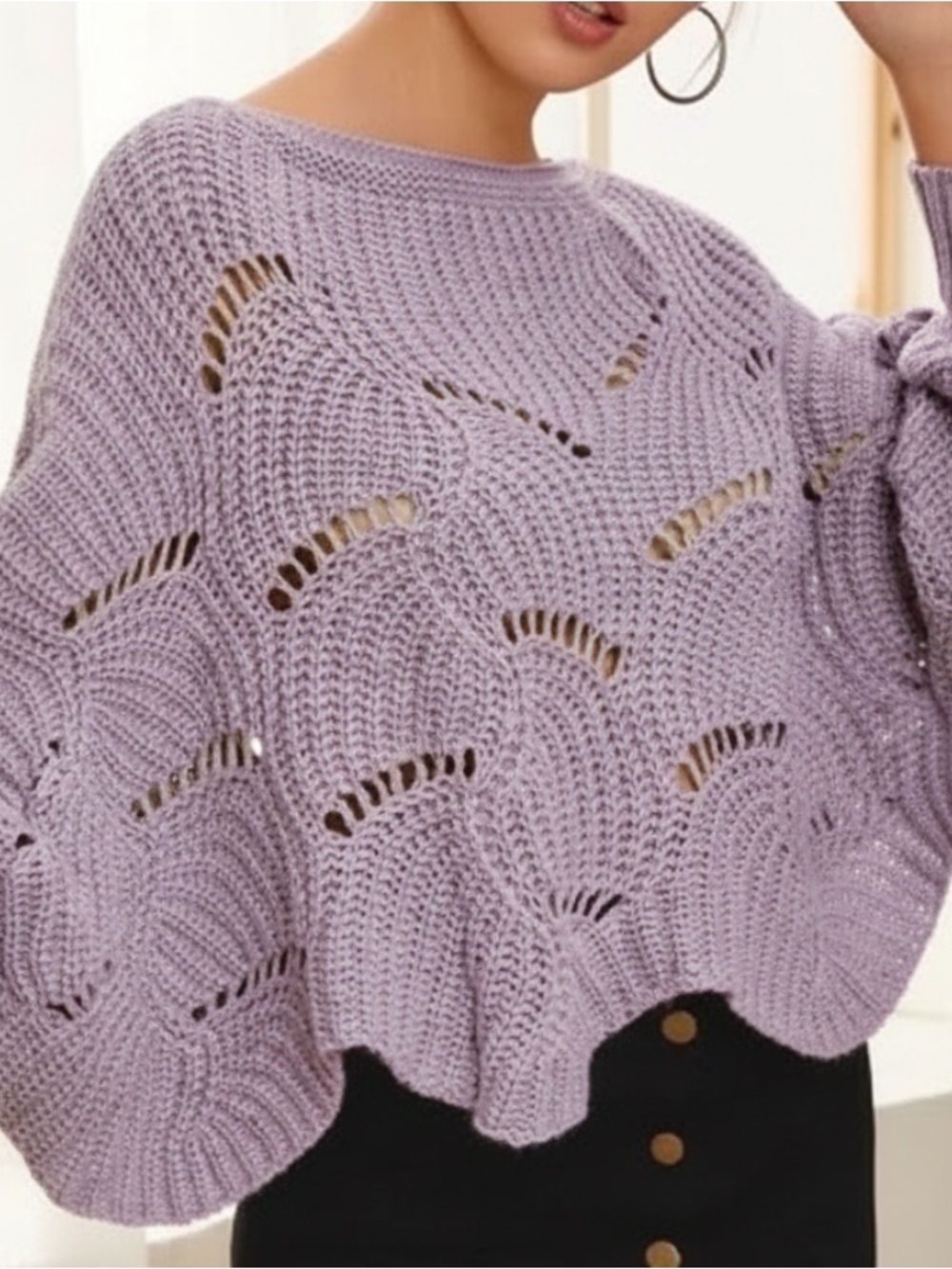 Anthropologie Elodie Lilac Open-Knit Scallop Dolman Sweater